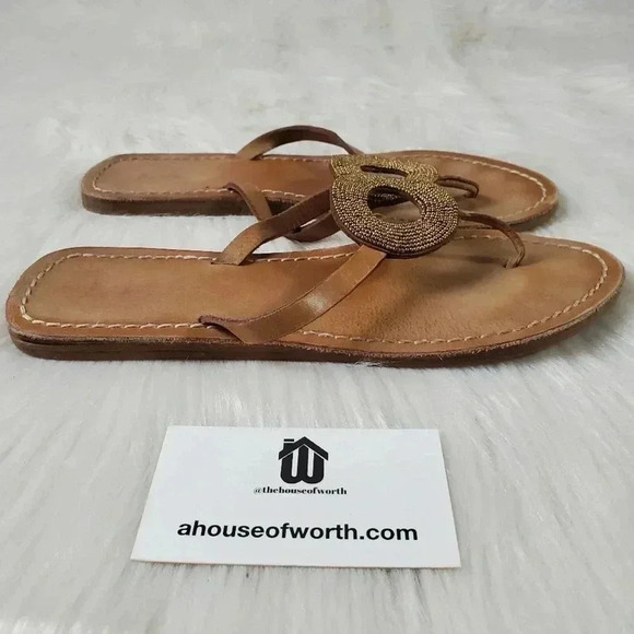 Boden Caramel Leather & Gold Bead Flip Flop Sandals - Picture 4 of 7